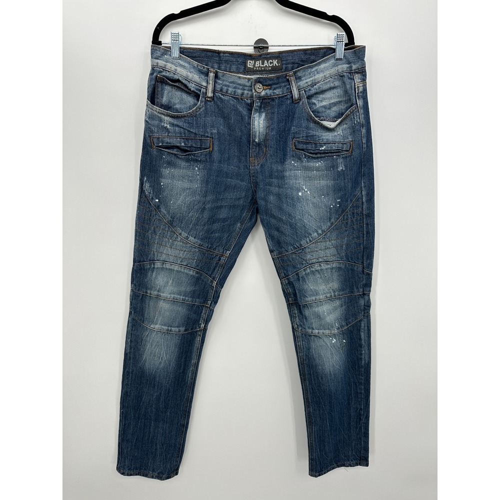 Black Premium Mens Moto Skinny Jeans Blue Paint Splatter Ribbed Paneled 34x32